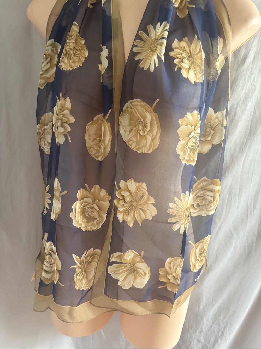 Ellen Tracy Navy Sheer Floral Scarf with Gold Flower Motif